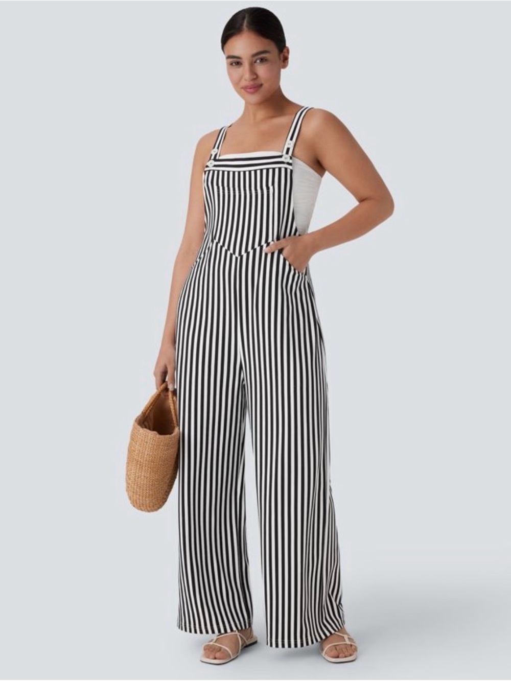 HALARA NWT Black & White Vertical Stripe Wide-Leg Jumpsuit sz Large